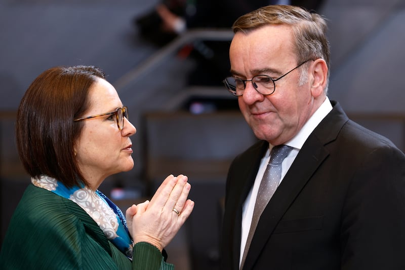 Germany’s defence minister Boris Pistorius speaks with Luxembourg’s defence minister Yuriko Backes at Nato headquarters (Geert Vanden Wijngaert/AP)