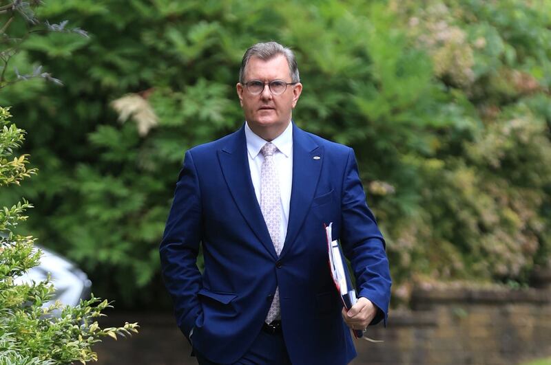 DUP leader Sir Jeffrey Donaldson arrives at Stormont Castle, for a meeting with the head of the Northern Ireland Civil Service, Jayne Brady