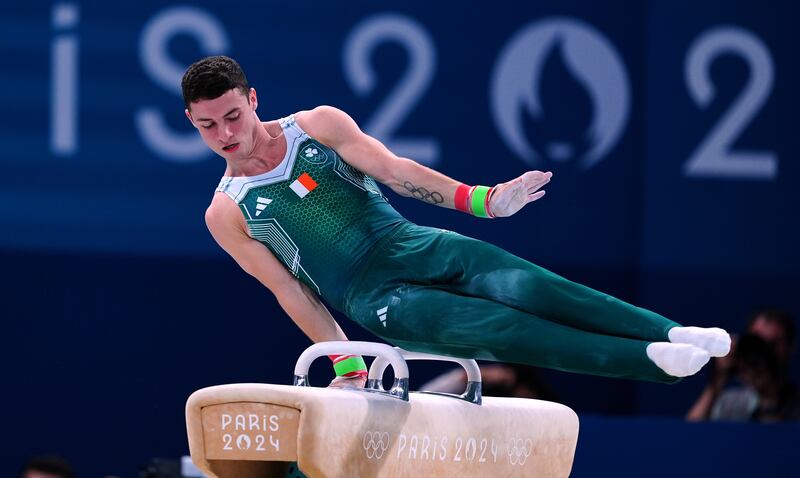 Ireland’s Rhys McClenaghan competes in the men’s pommel horse final during the artistic gymnastics at the Bercy Arena at the 2024 Paris Olympic Games in France