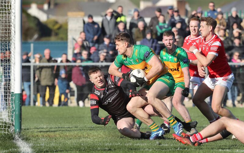 Donegal Hugh McFadden is challenged by Louth keeper Niall McDonnell close to the net where a goal was scored in the scramble during the National Football League match played at Fr Tierney Park in Ballyshannon on Sunday 3rd March 2024. Picture Margaret McLaughlin