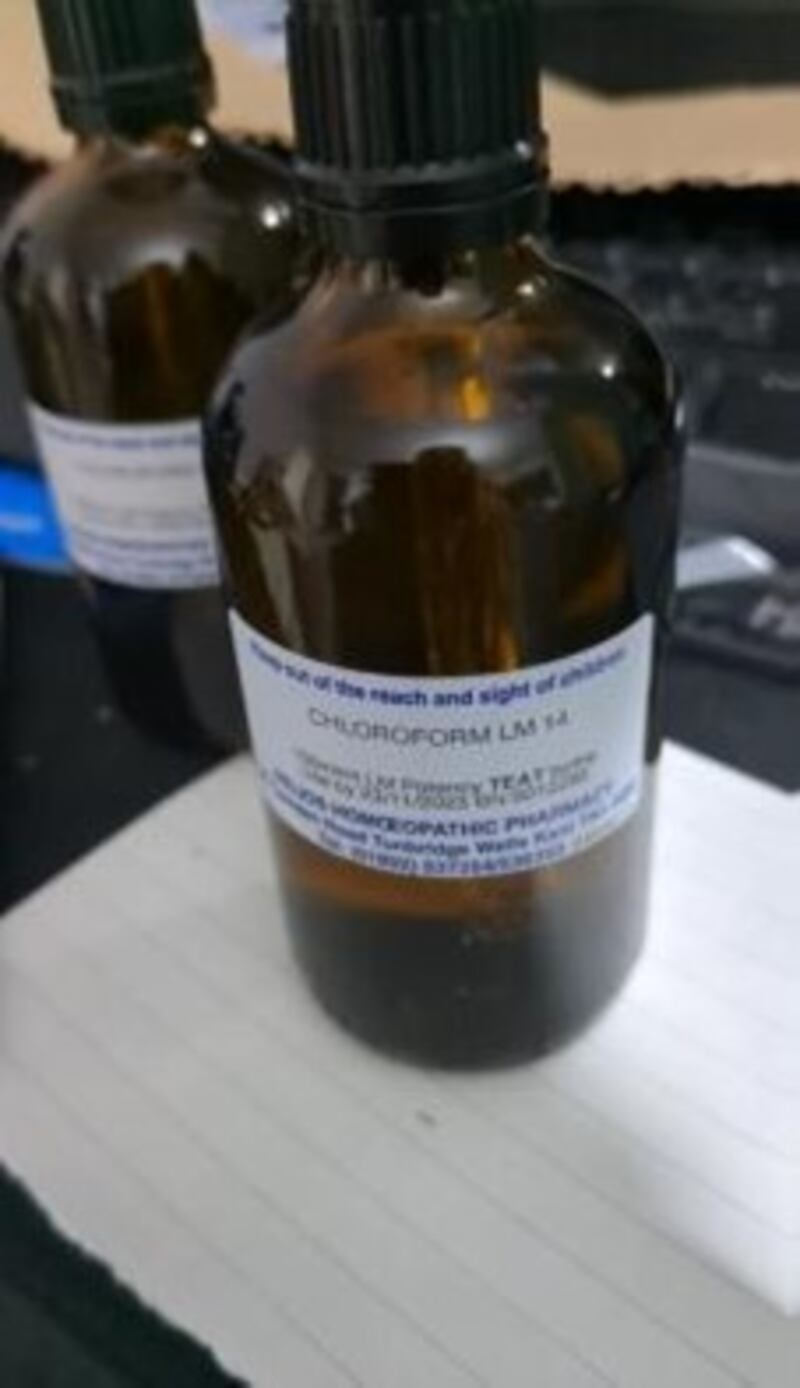 A bottle of chloroform, shown to Chelmsford Crown Court in the court case of Gavin Plumb