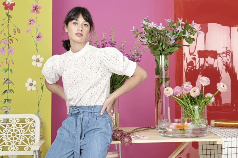 Oliver Bonas Broderie Anglaise White High Neck Blouse, &pound;49.50 (&euro;59.50); Chambray Denim Paper Bag Waist Trousers, &pound;59.50 (&euro;72) 