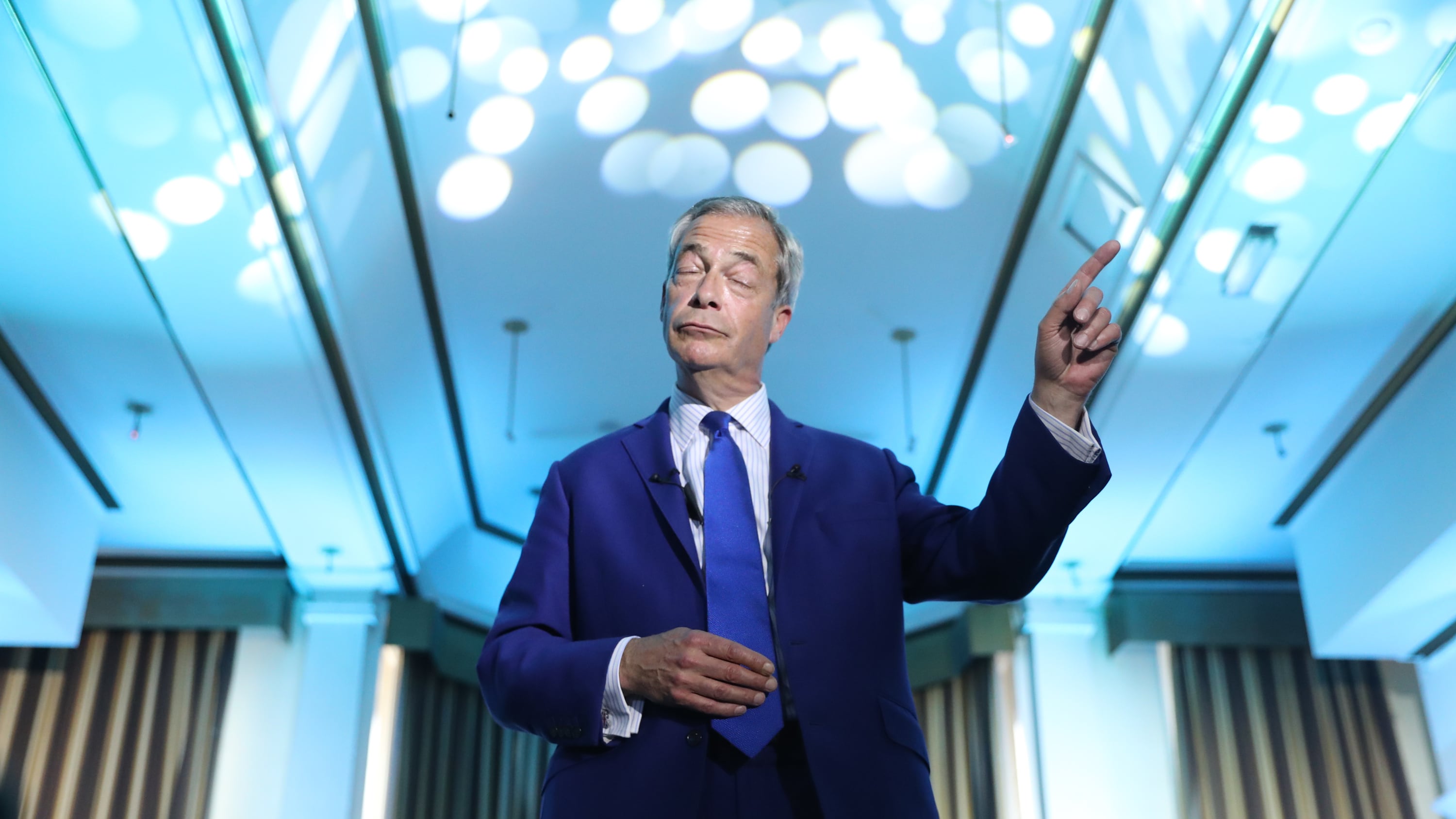 Reform UK leader Nigel Farage speaks at an event at the Imperial Hotel in Blackpool