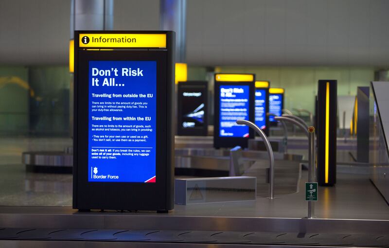 A Border Force sign in the Baggage Reclaim area of Terminal 2