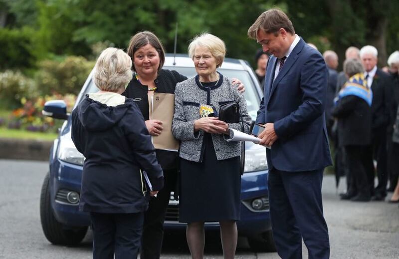 Pat Hume (centre) arrives at St Eugene's Cathedral in Derry with two of her children for the funeral of her husband John Hume. Picture by&nbsp;Niall Carson/PA Wire