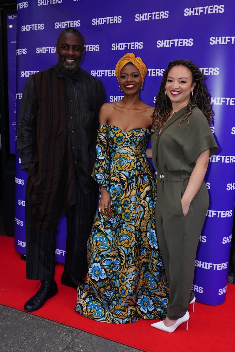 Idris Elba, Benedict Lombe and Lynette Linton arriving for the West End premiere of Shifters at the Duke of York’s Theatre in London