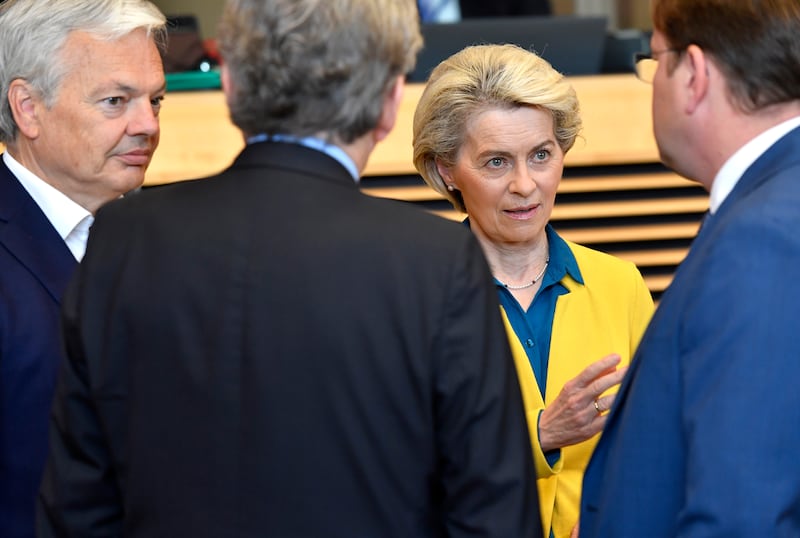 Ursula von der Leyen with, from left, Didier Reynders, Thierry Breton and Oliver Varhelyi at the College of Commissioners at EU headquarters in Brussels in 2022 (Geert Vanden Wijngaert/AP)