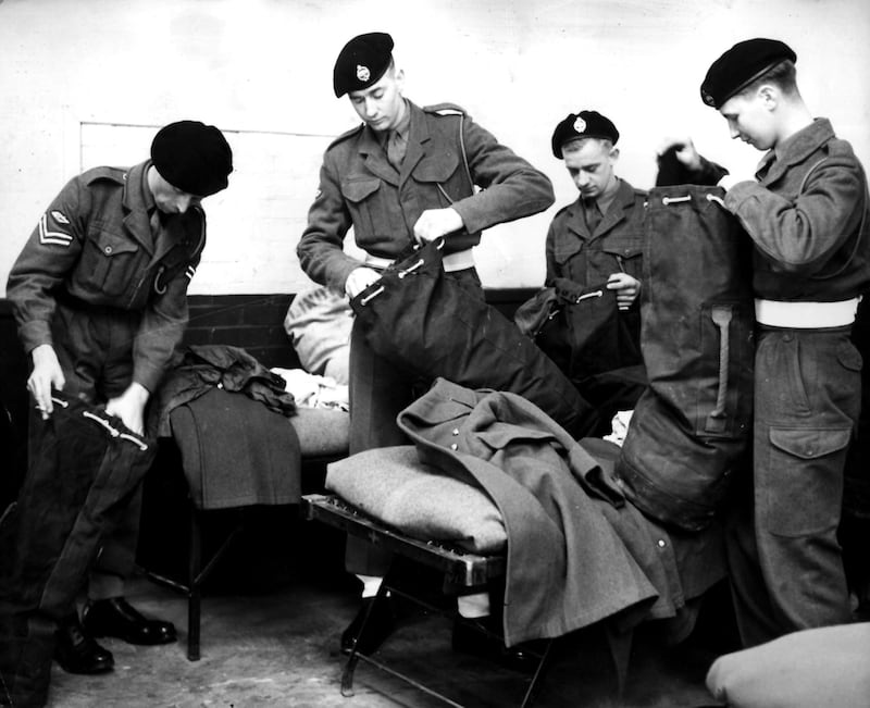 National service men of the 1st Royal Tank Regiment packing their kit at Fowler Barracks, Tidworth