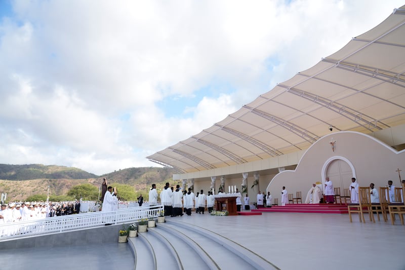 Pope Francis presides over Mass in the Tasitolu park where St John Paul II celebrated a historic liturgy during East Timor’s fight for independence from Indonesian rule (Gregorio Borgia/AP)