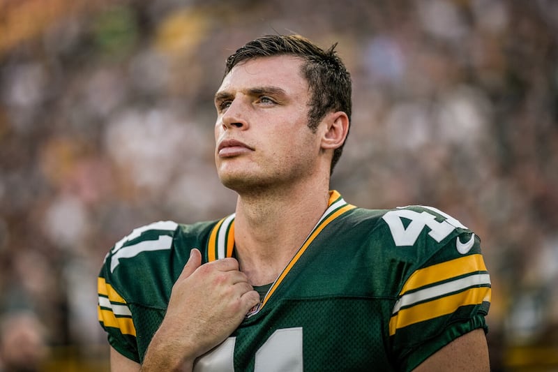 Dan Whelan lining up for the Green Bay Packers