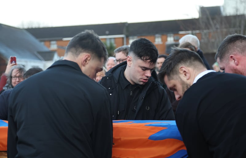 Naoise Ó Cairealláin, AKA Moglaí Bap of Irish language hip-hop trio Kneecap during the funeral  of his father Gearóid Ó Caireallán at St Peter’s Cathedral in West Belfast on Christmas Eve.
PICTURE COLM LENAGHAN