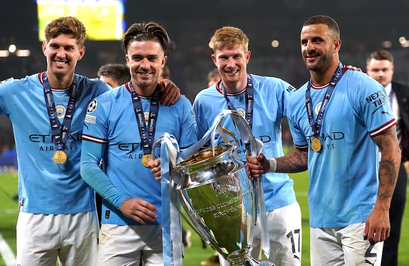 Kyle Walker (right) has helped Manchester City win 17 trophies since joining from Spurs in 2017