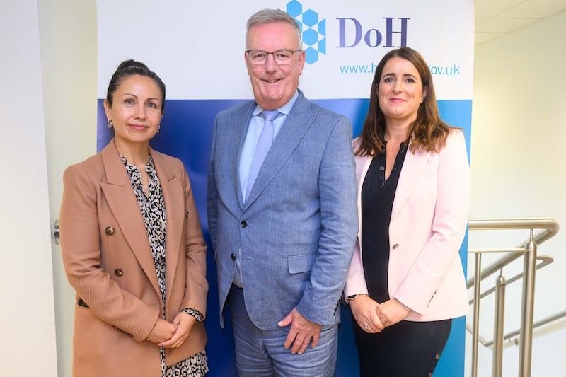 Launching Palliative Care Week 2024 are Paula Pinto, Programme Manager AIIHPC, Mike Nesbitt, Health Minister Mike Nesbitt  and Karen Charnley, CEO of AIIHPC.