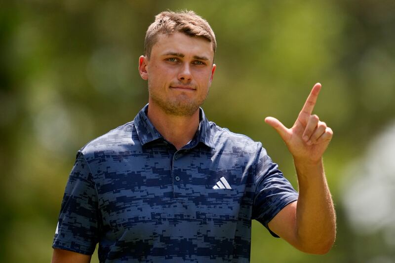 Ludvig Aberg waves after making a putt on the fifth hole during the first round of the U.S. Open golf tournament on Thursday, June 13, 2024, in Pinehurst, N.C. (George Walker/AP)