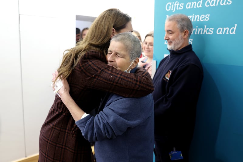 The Princess of Wales hugs Rebecca Mendelhson during a visit to the Royal Marsden Hospital