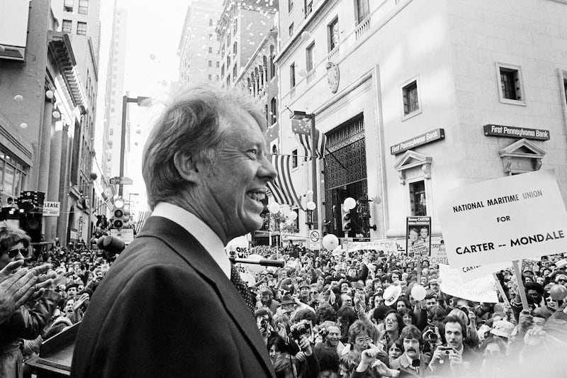 An estimated 35,000 people gathered in Philadelphia in October 1976 for a speech by then-presidential candidate Jimmy Carter (AP)