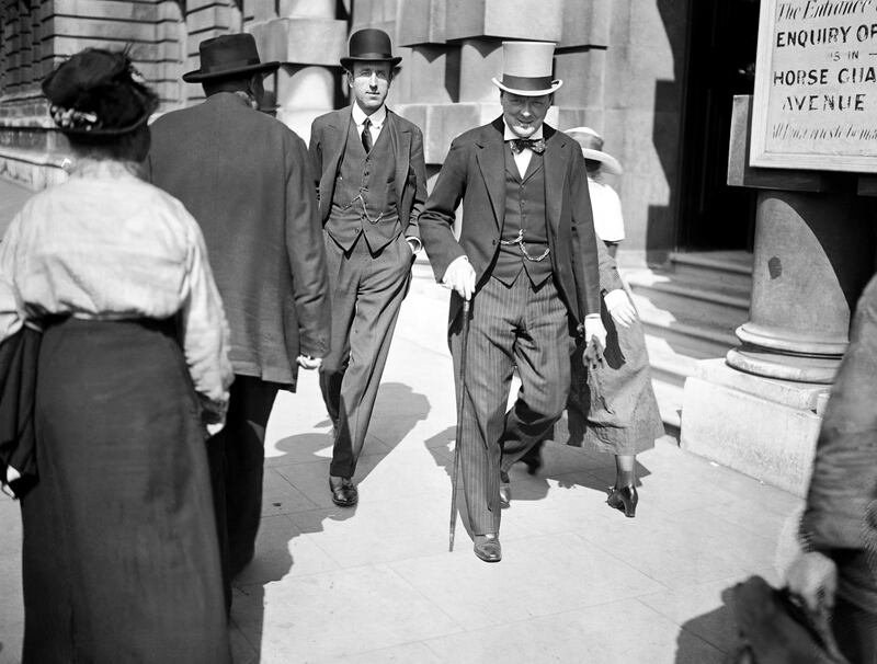 Winston Churchill leaves the War Office with Lord Londonderry after he was appointed to the Air Council at Westminster