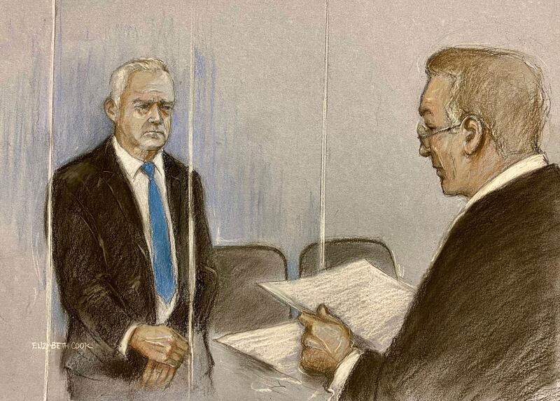 An artist’s impression of former BBC broadcaster Huw Edwards, left, with chief magistrate Judge Paul Goldspring