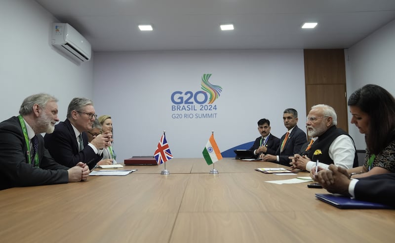 Prime Minister Sir Keir Starmer (second left) during a bilateral meeting with Narendra Modi Prime Minister of India (second right)