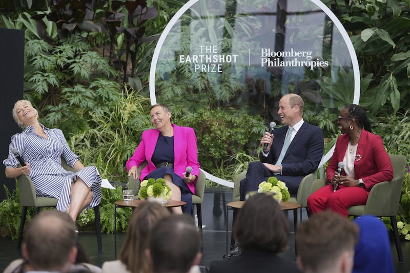 The Prince of Wales speaks with actress Hannah Waddingham, (left), Earthshot Prize chief executive Hannah Jones and trustee Tokunboh Ishmael (right)