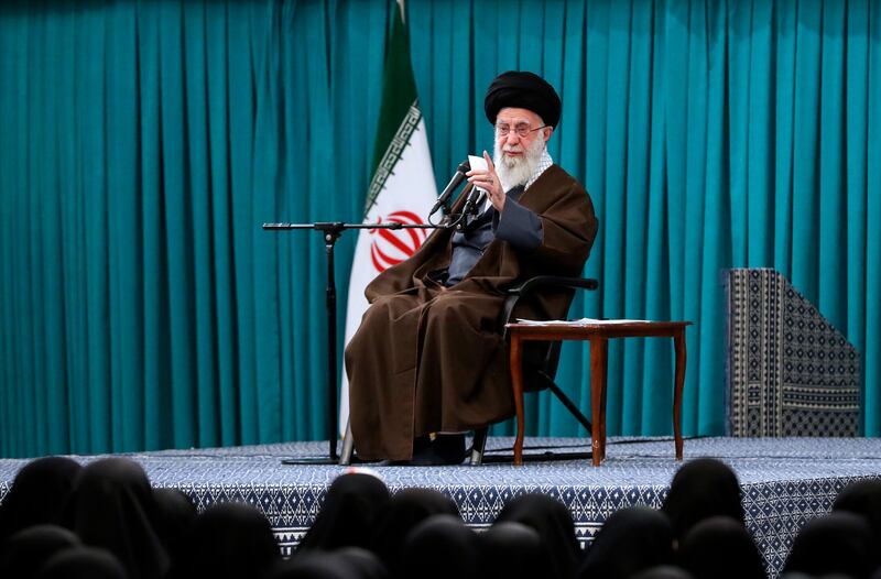 Supreme Leader Ayatollah Ali Khamenei speaks in a meeting with a group of people in Tehran on Wednesday (Office of the Iranian Supreme Leader/AP)