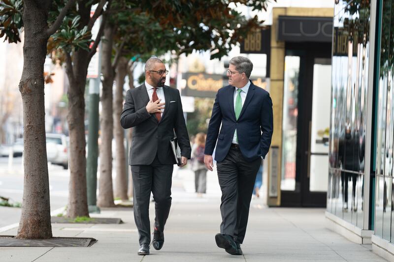 Home Secretary James Cleverly (left) meets with Clint Smith, chief legal officer of the social media platform Discord in San Francisco