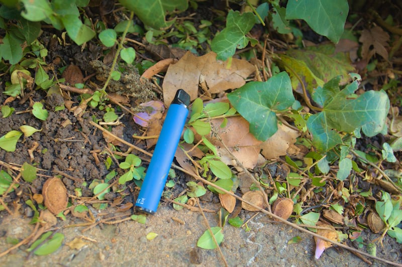 2RWNK3M Discarded single use vape in the hedges adding to the plastic pollution