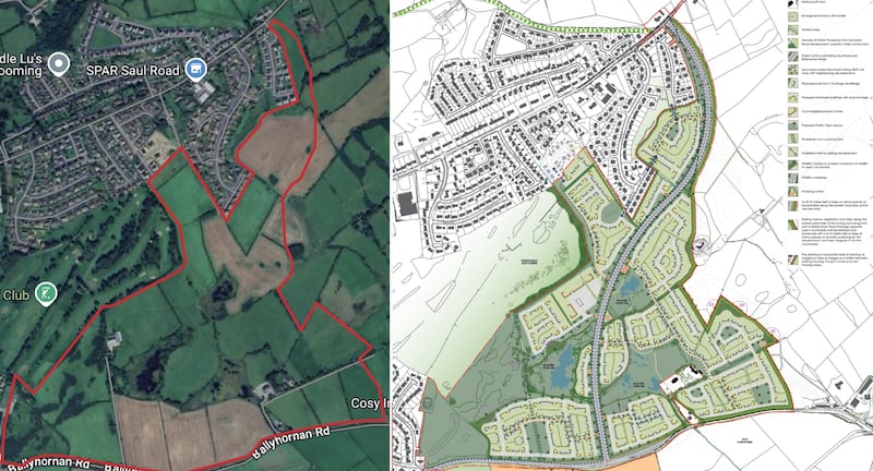 The site of Kap Properties' proposed scheme in Downpatrick (left) and the concept masterplan (right).