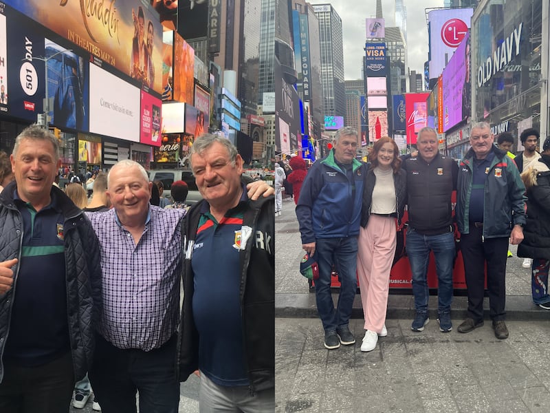 Christina Boniello pictured with the three Irishmen in Times Square in 2024 (right) and the image she took of the Irishmen in the same location in 2019 (left)