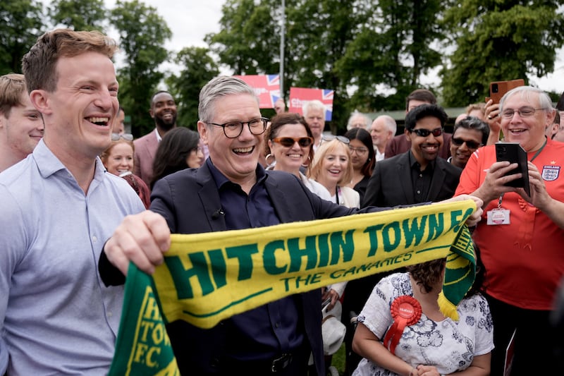 Labour leader Sir Keir Starmer visited Hitchin Town FC scarf during a visit to Hertfordshire, while on the General Election campaign trail