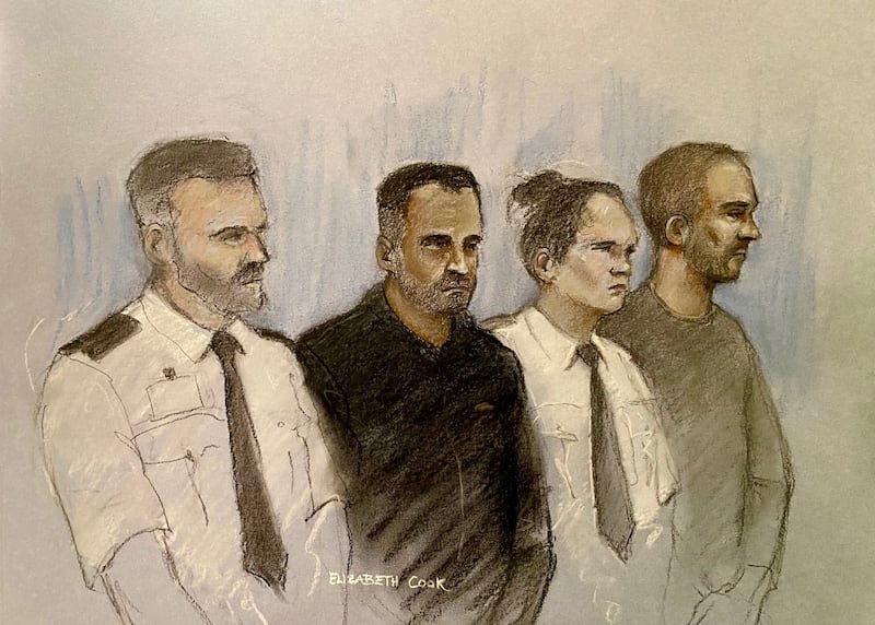 Mohammed Shabir (second left) and Calum Sunderland (right) appearing at Bradford Magistrates’ Court