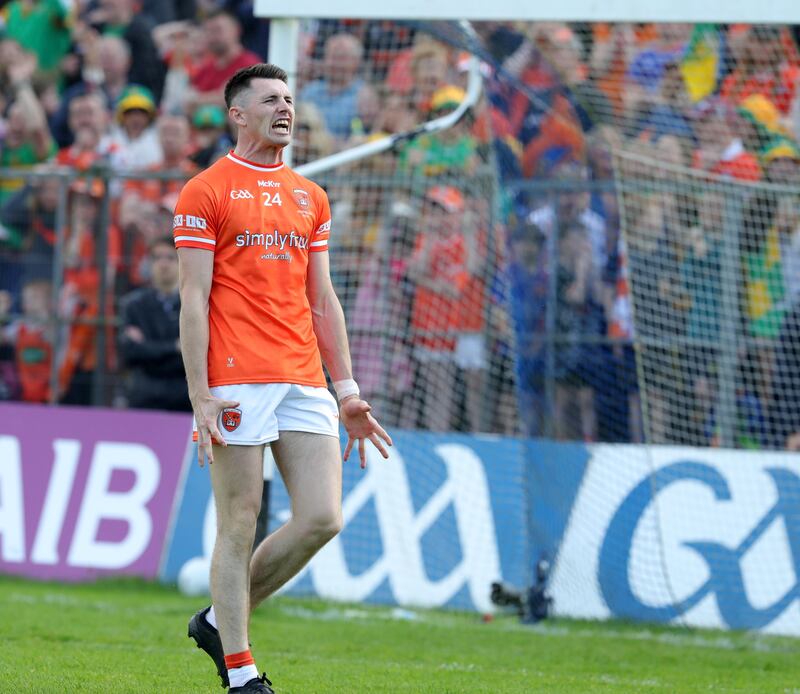 Shane Mc Partland shows his frustration after seeing his penalty saved by Donegal's Shaun Patton at the end of Sunday's Ulster final. Picture by Philip Walsh