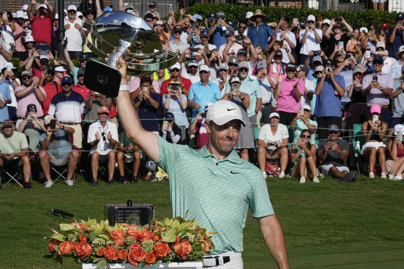 Rory McIlroy celebrates his victory during the final round of the Tour Championship golf tournament at East Lake Golf Club, in Atlanta   Picture: Steve Helber/AP