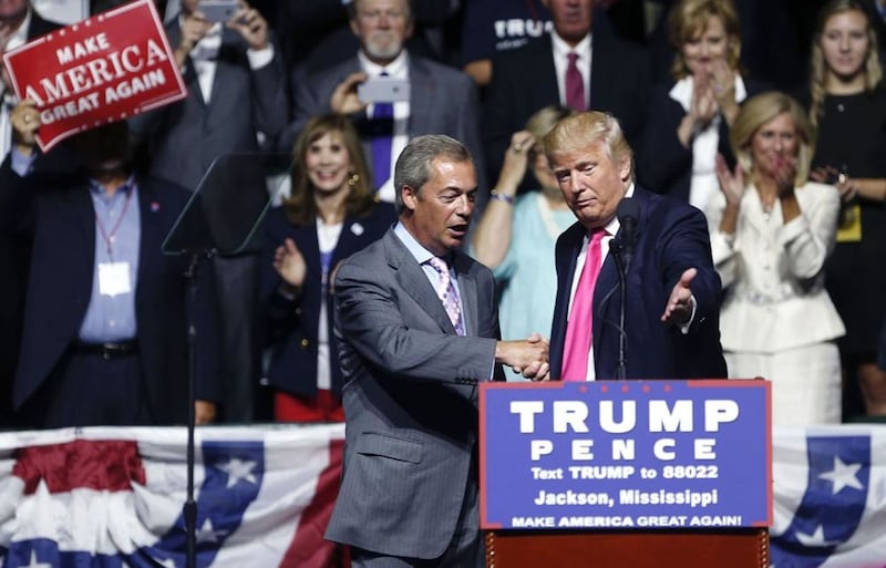 Donald Trump welcomes Nigel Farage to speak at a campaign rally in August 