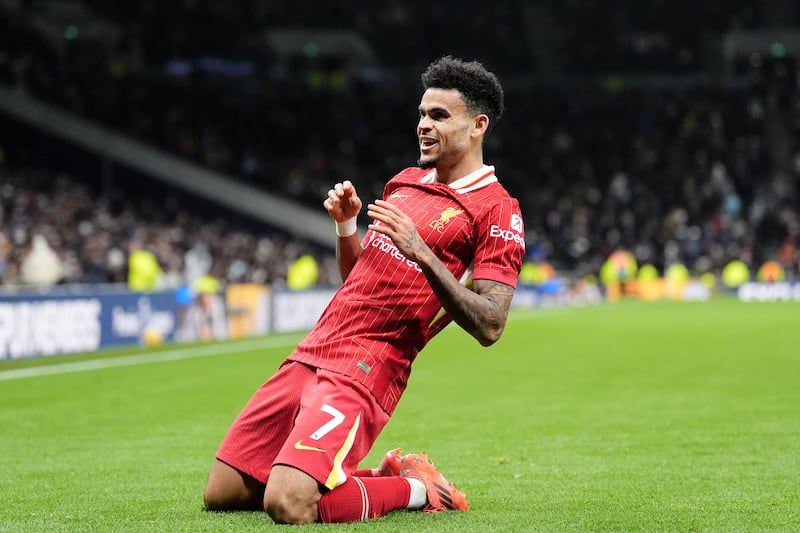 Luis Diaz celebrates scoring Liverpool’s sixth goal