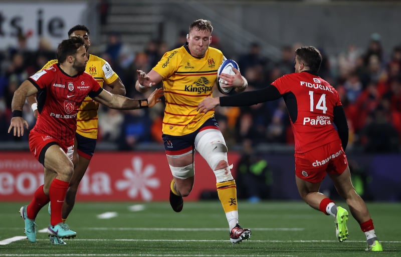 Ulster's Kieran Treadwell in action with Stade Toulousain's Paul Grau (left) and Juan Mallia during the Investec Champions Cup match at the Kingspan Stadium, Belfast. Picture date: Saturday January 13, 2024.