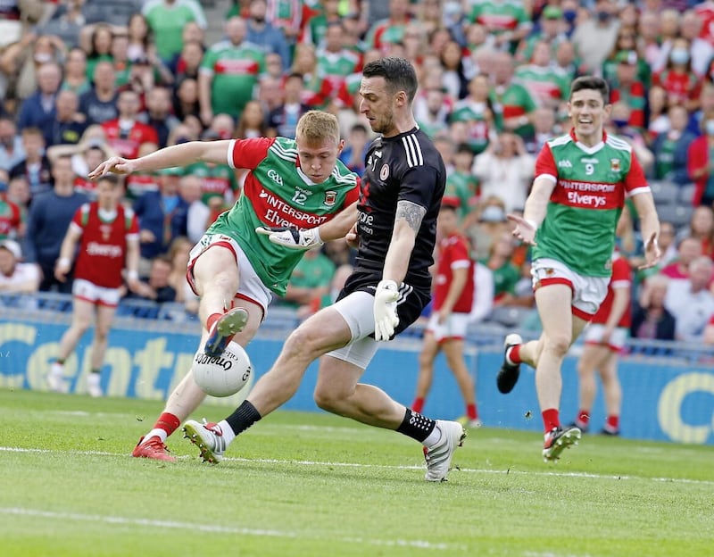 Command performance. Mayo&#39;s Bryan Walsh has his goal chance blocked by Tyrone&#39;s Niall Morgan during the 2021 All-Ireland final. Pic Philip Walsh. 