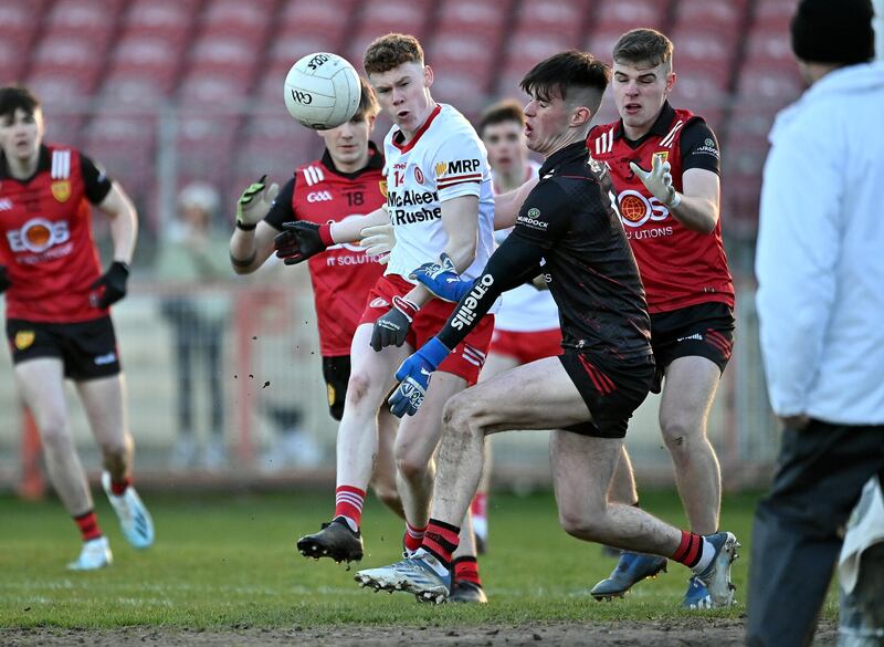 Tyrone's Oisín Miller is denied at close range by Down goalkeeper Oisin Treacy.