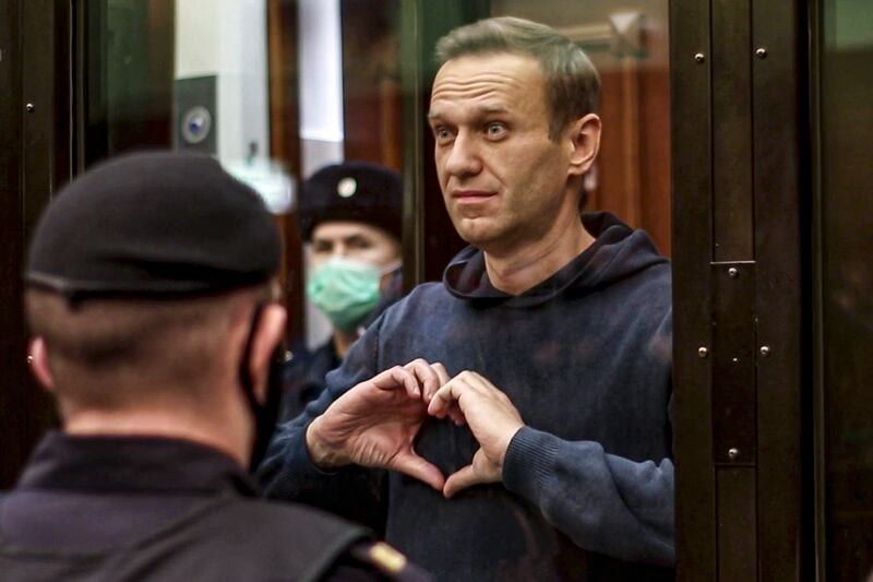 Alexei Navalny during a hearing in the Moscow City Court in Moscow (Moscow City Court via AP)