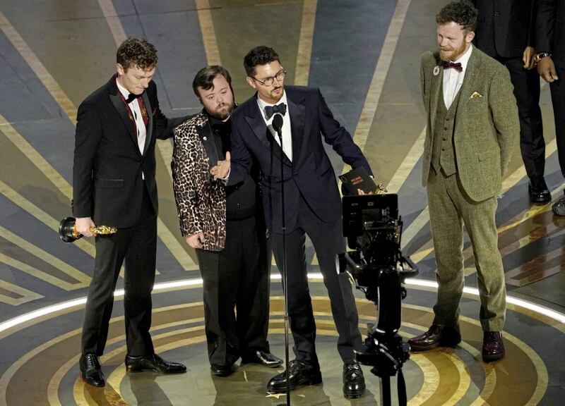 Ross White, from left, James Martin, Tom Berkeley and Seamus O'Hara accept the award for best live action short film for "An Irish Goodbye" at the Oscars last Sunday at the Dolby Theatre in Los Angeles. (AP Photo/Chris Pizzello)