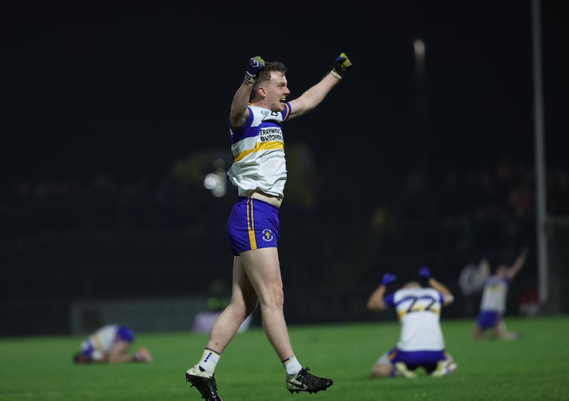 Errigal Ciaran’s Mark Kavanagh  celebrates  after  winning  the Tyrone Senior Championship Senior Championship Final at Healy Park in Omagh.
PICTURE COLM LENAGHAN