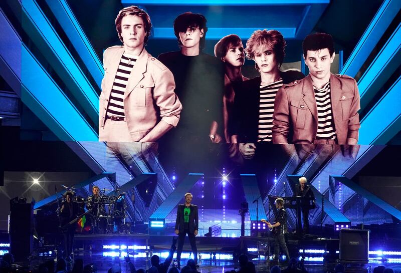 Inductees John Taylor, from left, Simon Le Bon, Roger Taylor, and Nick Rhodes of Duran Duran perform during the Rock & Roll Hall of Fame Induction Ceremony at the Microsoft Theatre in Los Angeles