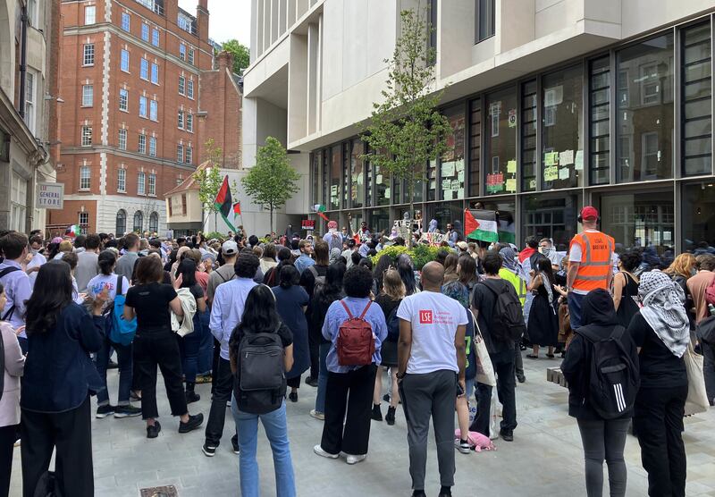 Pro-Palestine protesters outside the Marshall Building at the London School of Economics