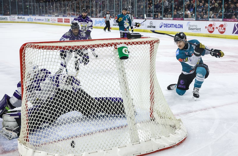 Belfast Giants’ Bobo Carpenter scoring against the Manchester Storm during last Sunday’s Elite Ice Hockey League game at the SSE Arena, Belfast.   Photo by William Cherry/Presseye