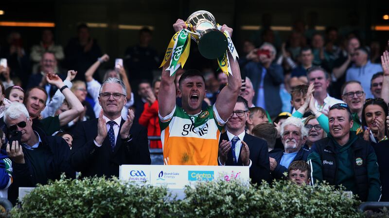 8/6/2024  Offalys    captain Jason Sampson celebrates lifting the Joe Mc Donagh Cup    in the Final  at   Croke Park  on Saturday evening     Picture  Seamus Loughran