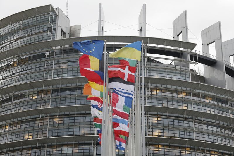 European flags fly outside the European Parliament in Strasbourg, eastern France (Jean-Francois Badias/AP)