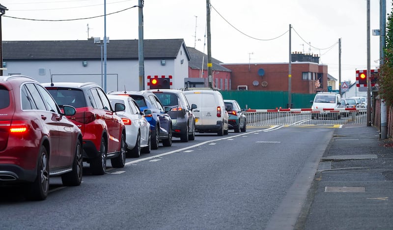 Traffic at the train crossing in Lugan Lake Street. PICTURE: JORDAN TREANOR