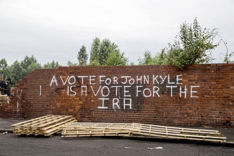 Graffiti on a wall on Lismore St in Belfast, &ldquo;A vote for John Kyle is a vote for the IRA&rdquo;, came after the Progressive Unionist Party councillor for Belfast spoke out in defence of the removal of tyres from a bonfire in Lismore Street on Sunday. Picture by PA Wire