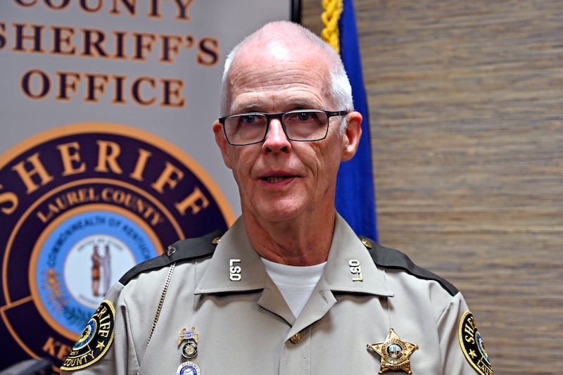 Deputy Gilbert Acciardo, of Laurel County Sheriff’s Office, at a news conference on the shooting along Interstate 75 (Timothy D Easley/AP)