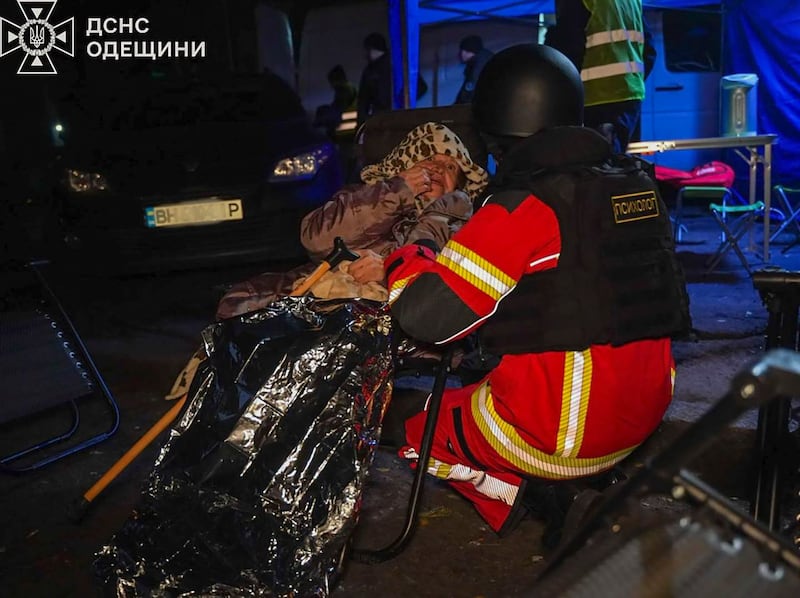 A drone attack hit the city of Odesa, Ukraine, on Thursday (Ukrainian Emergency Service via AP)